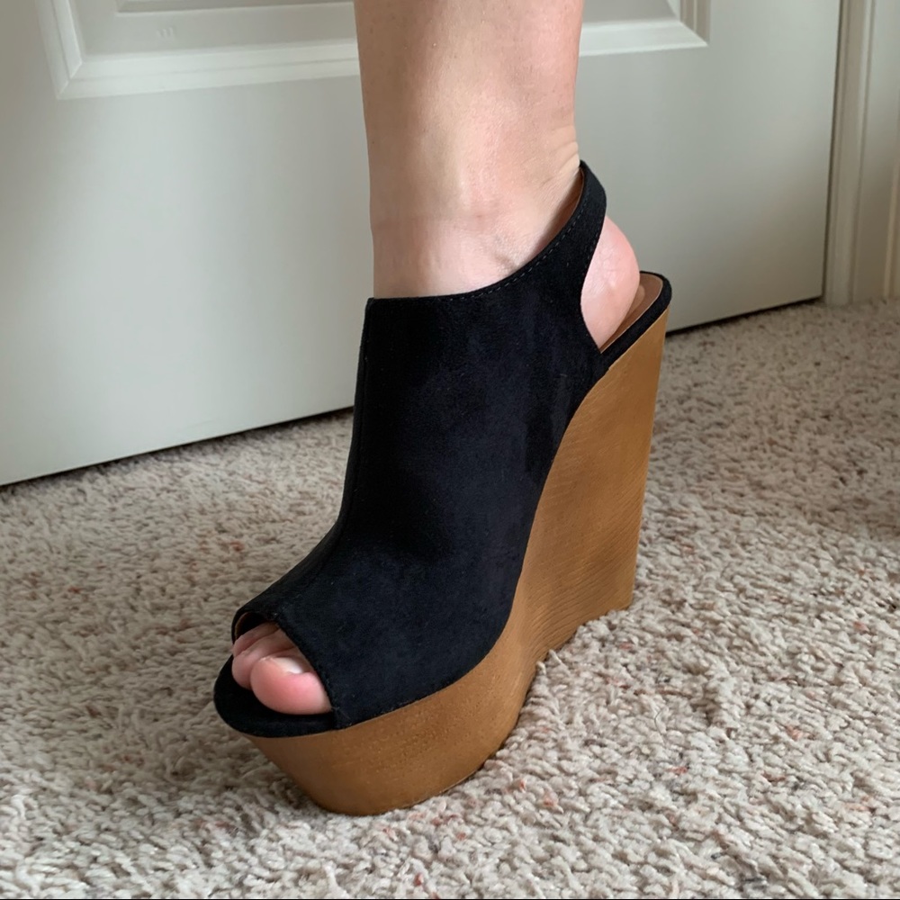 Black Suede Top Faux Wood Heel Wedges Size 7.5